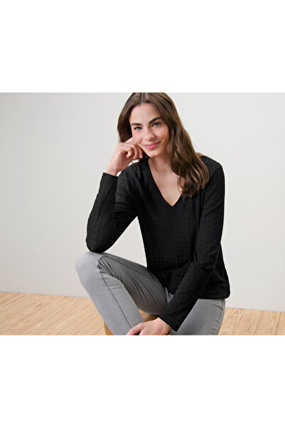 Tchibo Women's T-Shirt, Long Sleeve, Textured, Black