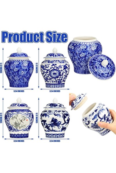 Hushee Set of 4 Small Blue and White Porcelain Chinoiserie Ginger Jars (Retro)