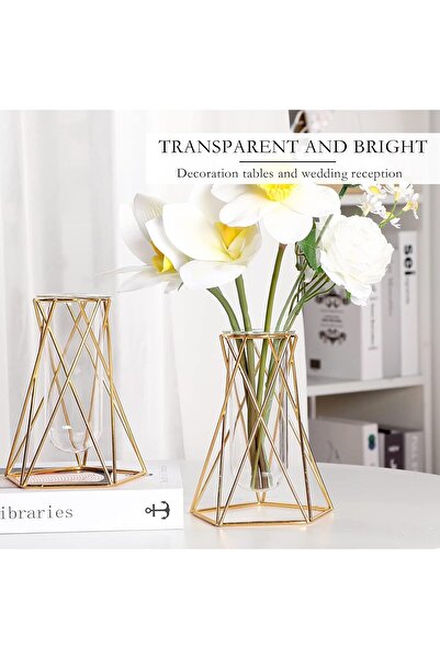 TERRIFI 8-Set Gold Metal Geometric Vase with Clear Glass Test Tubes (6.3 in)