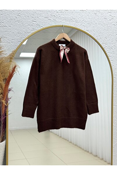 MİHRA STORE Asuman Scarf with Elastic Bottom Knitwear Sweater-Kr5069 Brown