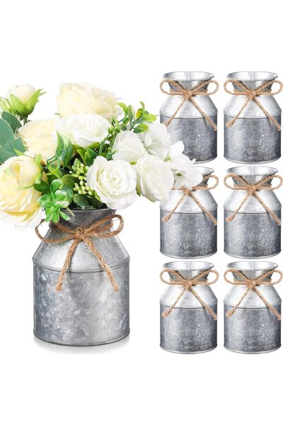 KASTWAVE 5.12 Inch Farmhouse Rustic Metal Milk Can Vase with Bow (Iron Color)