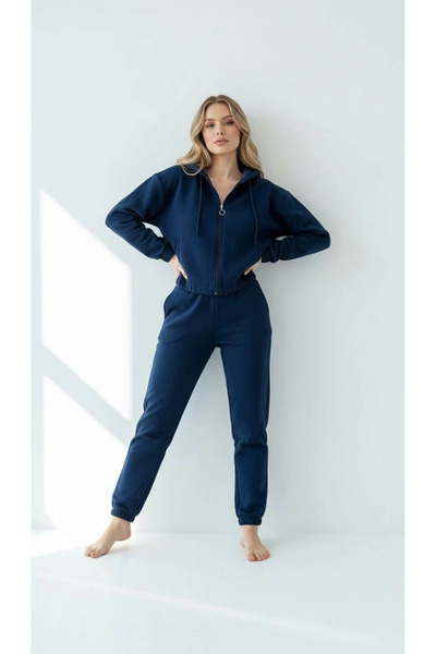 Zerenyus 3 İplik Ş Fleece-Lined Hooded Zippered Cropped Top Navy