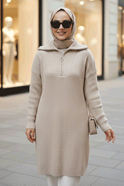 N.S NEVA STYLE Corded Fabric Beige Hijab Knitwear Sweater Tunic 85521Bej