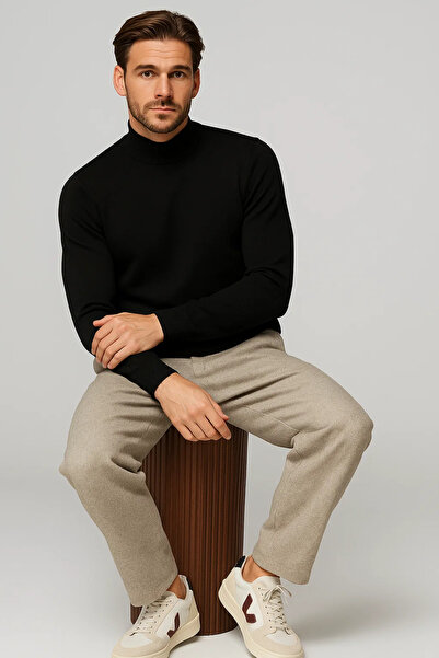 COMBİNE MİCHAİL Men's Winter Black Half Fisherman Knit Sweater