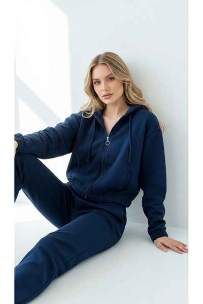 Zerenyus 3 İplik Ş Fleece-Lined Hooded Zippered Cropped Top Navy