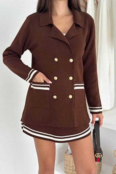 Noi Belis Double Breasted Collar Pocket Cardigan Mini Length Skirt Knitwear Bottom Top Set Aw25Au0003