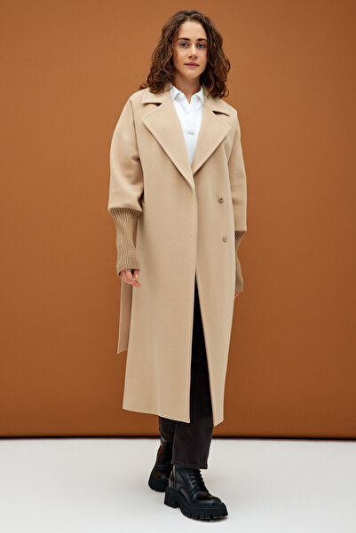 KENT Açık Camel Triko Manşetli Kuşaklı Uzun Oversize Kaşe Kaban