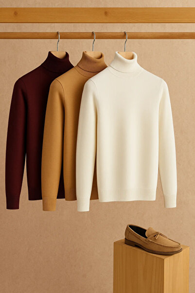 COMBİNE MİCHAİL Men's Half Turtleneck 3-Piece Knit Sweater