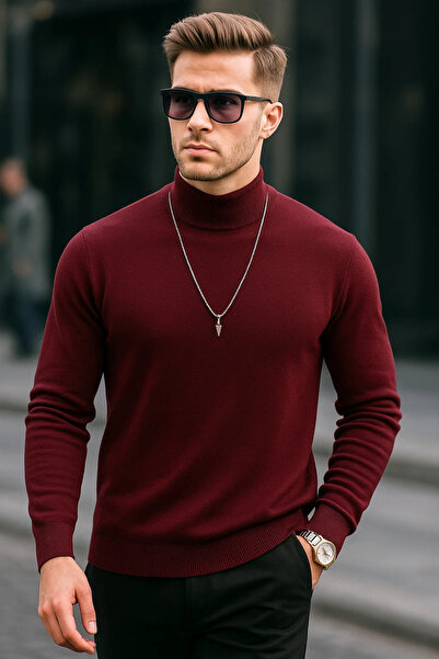 COMBİNE MİCHAİL Чоловічий преміальний бордовий водолазка вільного в'язання