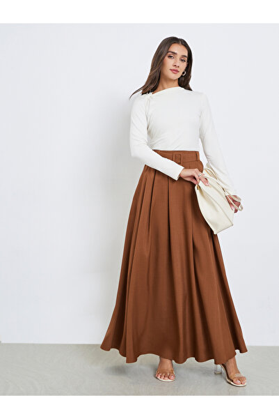 Styli Brown Solid Belted A-Line Maxi Skirt