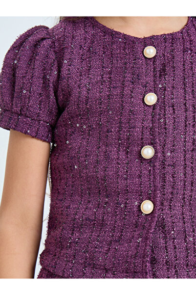 Styli Girls Purple Tweed Top and Skirt Set
