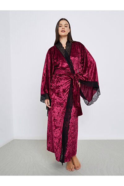 Styli Crushed Velvet Flared Sleeves Robe with Contrast Lace Trim