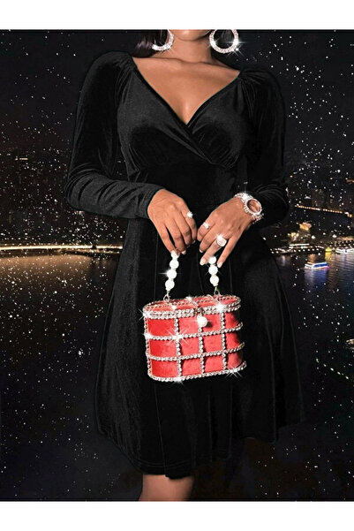 Take Two By Styli Women Black Velvet Look V-Neck Mini Dress