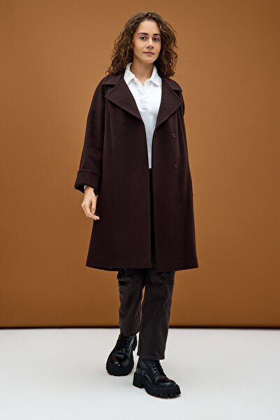 KENT Kahverengi Geniş Yaka Kruvaze Kaşe Kaban