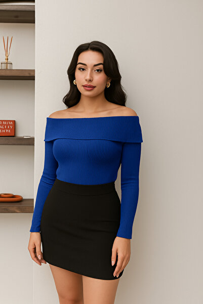 RAMİOR COLLECTION Omzu Light Navy Blue Women's Knitwear Blouse – Flexible Fabric, Long Sleeve, Stylish Fit Model, Cobalt Blue