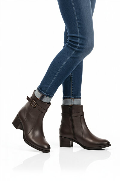 AYAKMOD Brown Genuine Leather Zippered Women's Boots with Fleece Inside 24113-1 Z