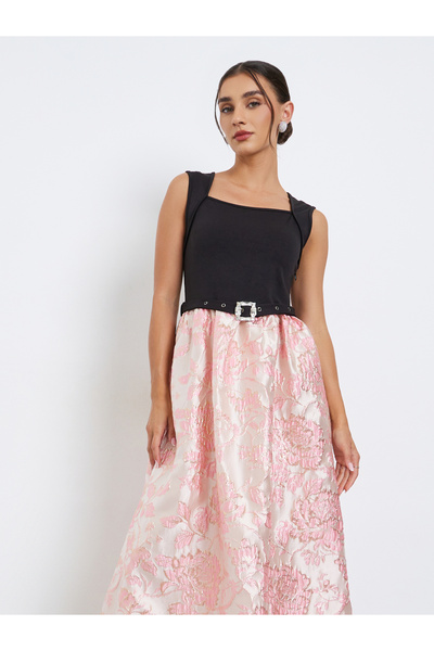 Styli Pink Floral Belted Sleeveless Maxi Dress