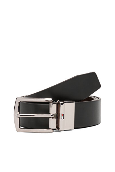 Tommy Hilfiger حزام دينتون رجالي بني من الجلد بمشبك مربع قابل للعكس