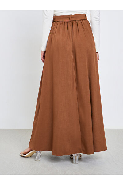 Styli Brown Solid Belted A-Line Maxi Skirt