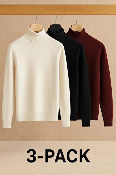 COMBİNE MİCHAİL Men's Half Turtleneck 3-Piece Knit Sweater