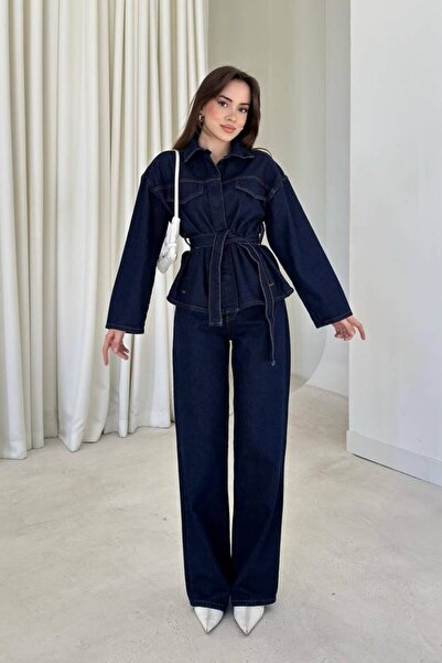 AKD Atelier Women's Denim Top and Bottom Set Belted Pocket Detail Long Sleeve Shirt Wide Leg Pants Jeans Set