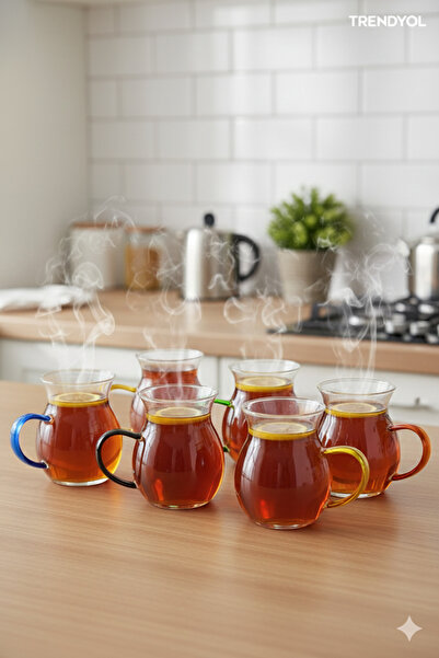 Kitchen Way Keyf-I Ala Almila 6-Piece Colorful Handle Chubby Thermos Glass Tea Cup Kw-049B