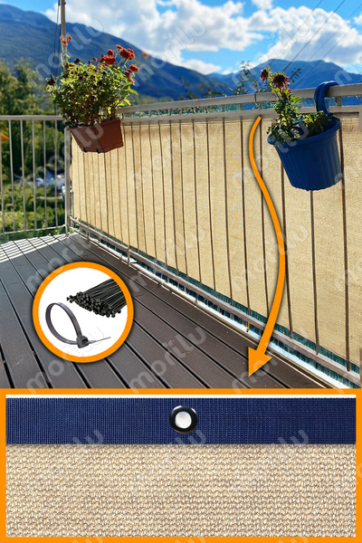 Morilu %95lik KREM Balkon Perdesi - LACİVERT Şeritli Halkalı - Balkon Demiri ...
