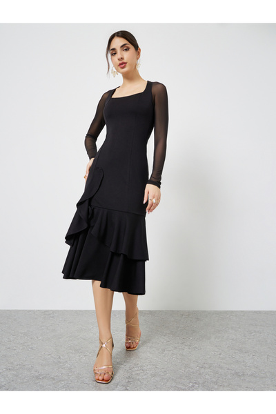 Styli Black Mesh Long Sleeves Mermaid Hem Midi Dress