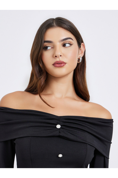 Styli Black Off-Shoulder A-Line Knee-Length Dress