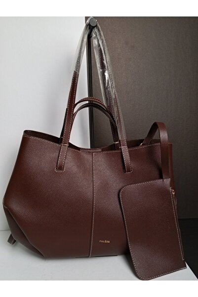JUST WOMAN Kadın Kahve Tote Büyük Mıknatıslı Yan Cüzdanlı Polene Çanta
