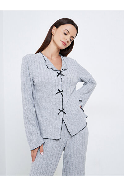 Styli Rib Bow Trim Detail Top and Pyjama Set
