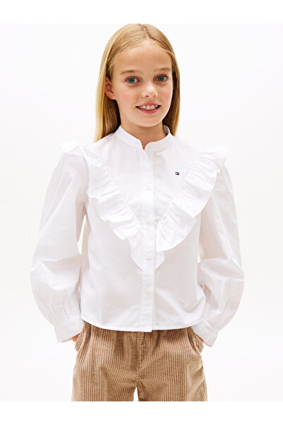 Tommy Hilfiger قميص أبيض أساسي للبنات بقصّة عادية وأكمام منفوخة مكشكشة