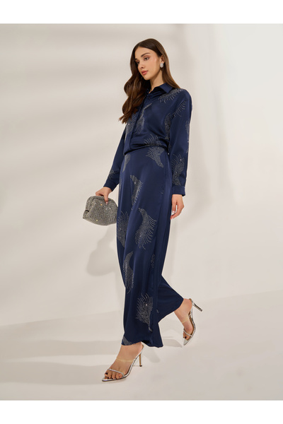 Styli Navy Blue Embellished Wide Leg Trousers