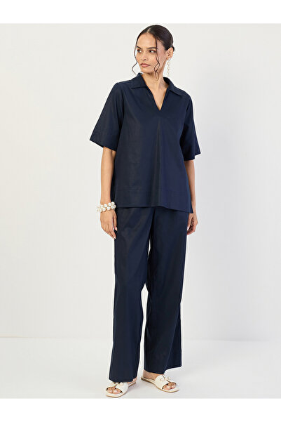 Femmella By Styli Women Navy Open Collar Top and Pants Co-Ords