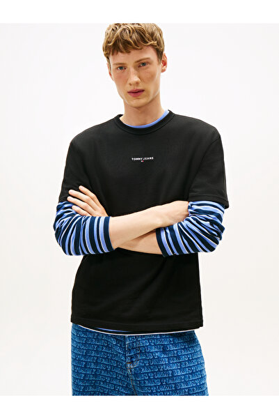 Tommy Hilfiger Men Black Logo Embroidery Relaxed Crew Neck T-Shirt