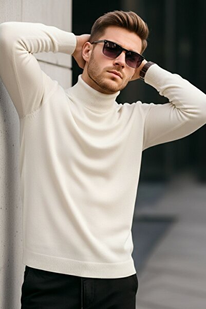 COMBİNE MİCHAİL Чоловічий преміальний кремовий водолазка вільного в'язання светр