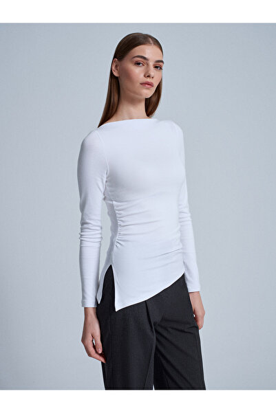 Dilvin 32198 Boat Neck Gathered Top-Open Ecru