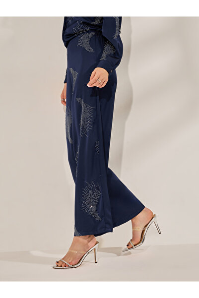 Styli Navy Blue Embellished Wide Leg Trousers