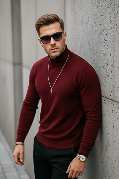COMBİNE MİCHAİL Чоловічий преміальний бордовий водолазка вільного в'язання