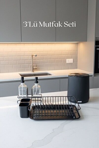 Okyanus Home 3'lü Mutfak Seti - Çeyiz Seti Siyah Bulaşıklık , Çöp Kovası, Sıv...