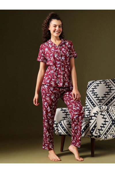 Clovia By Styli Floral Print Button-Down Shirt and Pyjama Set