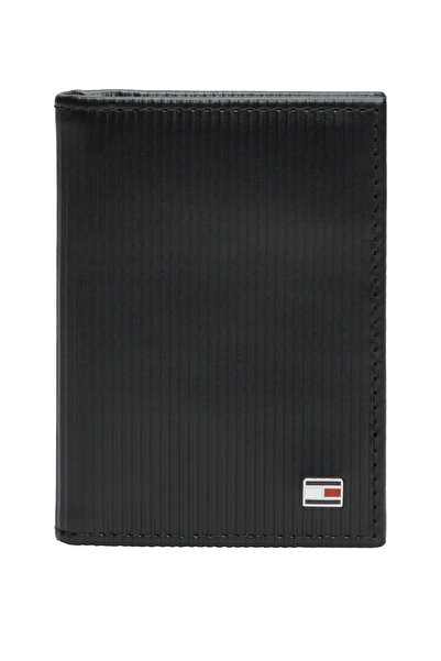 Tommy Hilfiger Men Black Hilfiger Flag Ribbed Leather Card Wallet