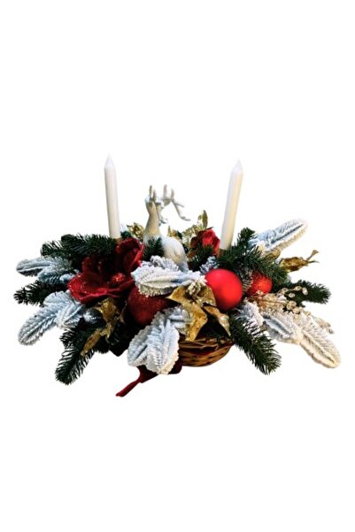 OEM Premium Christmas Arrangement in Golden Bamboo Basket with Snowy Fir, Gold Candle Holders & Red Velv