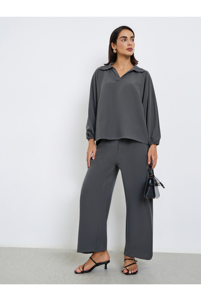 Styli Women Charcoal Shirt Collar Top and Pants Modest Set