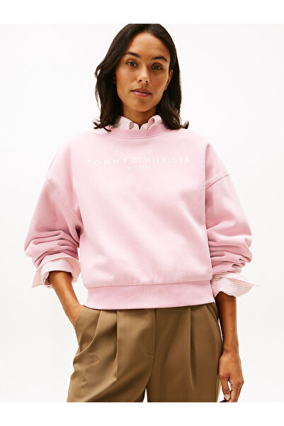 Tommy Hilfiger Women Pink Flex Fleece Relaxed Crew Neck Sweatshirt