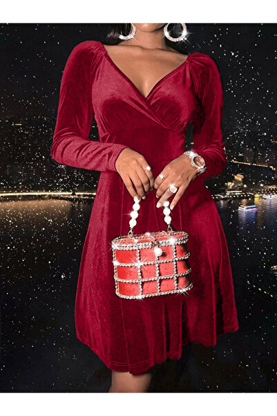 Take Two By Styli Women Red Velvet Look V-Neck Mini Dress