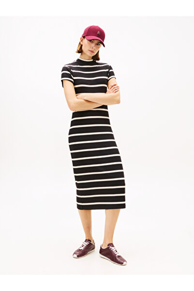 Tommy Hilfiger Women Black Slim Rib Mock Neck Striped Dress