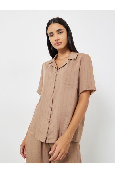 Styli Textured Striped Buttoned Viscose Shirt and Pyjama Set