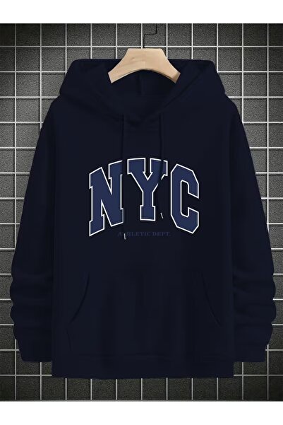 AEMİ Unisex Printed Oversized 100% Cotton Navy Blue Hooded Sweatshirt