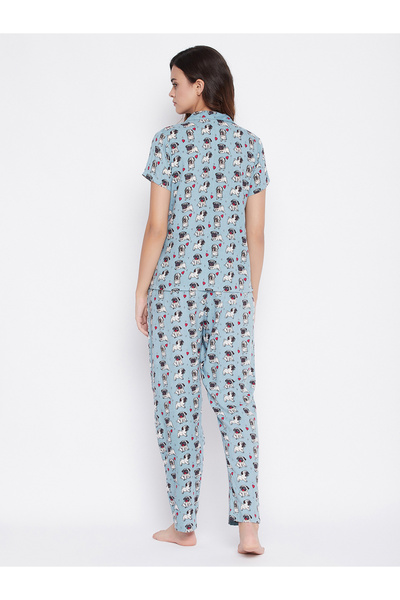 Clovia By Styli Printed Button Down Sleep Shirt and Pyjama Set